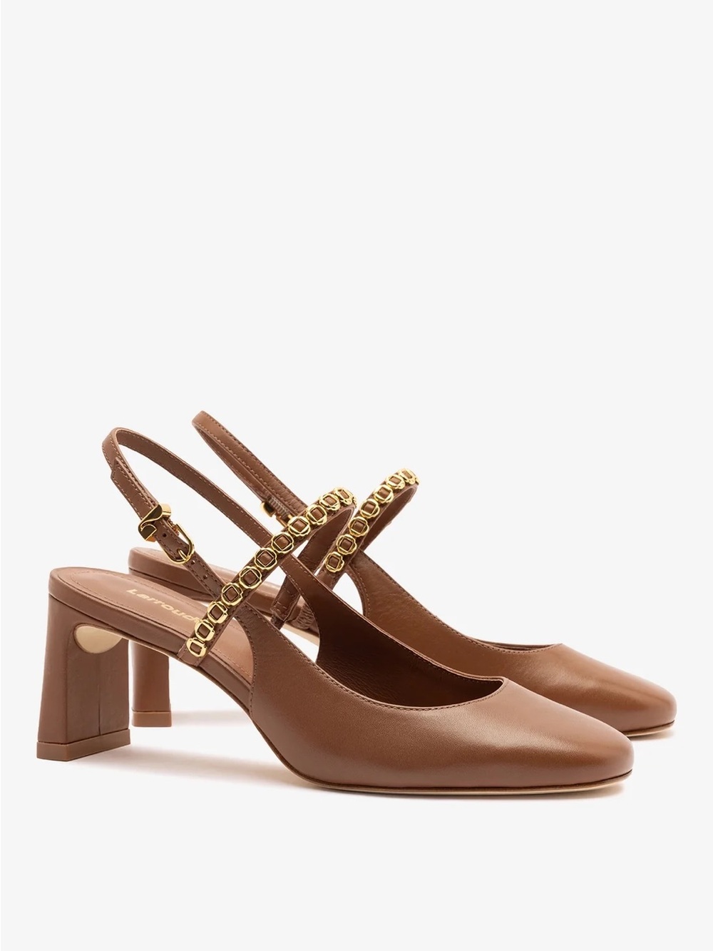 Larroude Brown Leather Slingback Heels with Gold Chain Detail